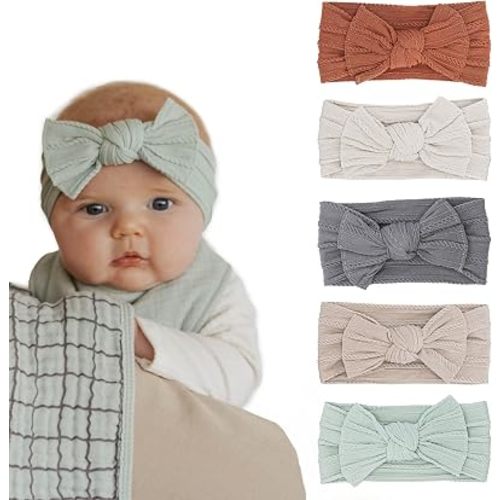 Parker Baby Co. Cable Knit Nylon Baby Headbands, 5 Pack - Pebble Set
