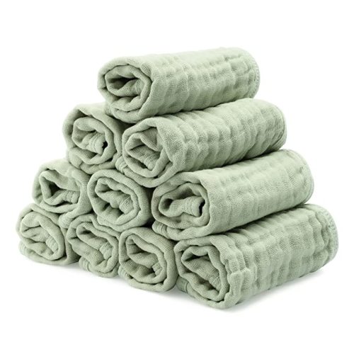 Baby Washcloths, Muslin Cotton Baby Towels, Large 10”x10” Wash Cloths Soft on Sensitive Skin, Absorbent for Boys & Girls, Newborn Baby & Toddlers Essentials Shower Registry Gift (Sage, Pack of 10)
