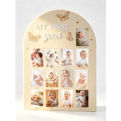 My First Year Photo Frame, Wooden Milestone Keepsake with Pre-marked 12 Monthly Infant Development Picture Slots, Wall Mountable Photo Board for Baby 1st Birthday Celebration, Lovely Shower Gift