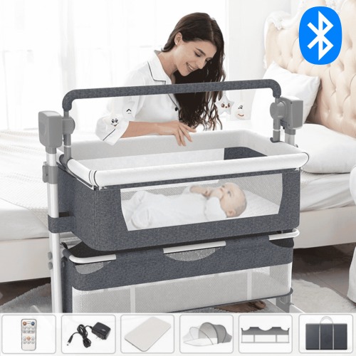 Sunny Babe Electric Baby Crib Rocking Baby Recliner with Remote Control Bed-Sharing Baby Cradles and Bassinets with Bluetooth Music Speaker,Unisex,Grey