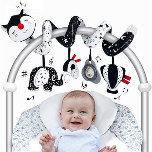Car Seat Toys for Babies 0-6 Months, Black and White Spiral Carseat Toys for Infant 0-3 Months, High Contrast Toys for 3-6 Months Newborn Toys, Stroller Toys for 0 3 6 9 12 Months Baby Ideal Gift
