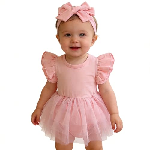 Baby Girl Ruffle Sleeve Romper Dress Infant Jumpsuit Tutu Skirt Set Newborn Princess Tulle Dresses Headband Outfit