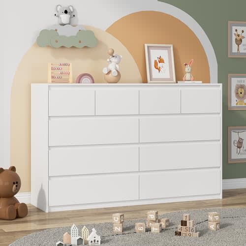 jiteentarou White Malm Dresser for Bedroom, 55" Wide 37" Tall Dresser with 10 Drawers, Modern Large Wood Chest of Drawer Handle Free, Living Room, Entryway, Hallway, White