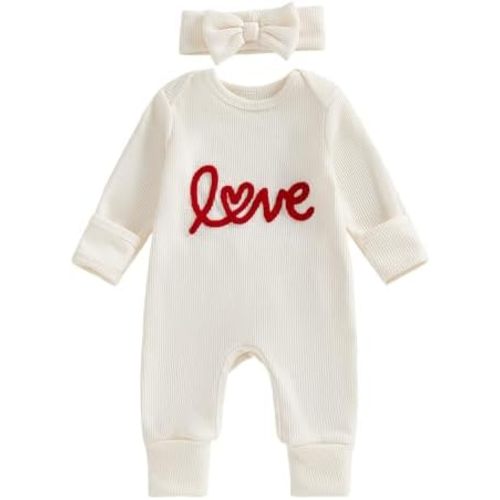 Newborn Baby Girl Valentines Outfit Infant Spring Love Letter Long Sleeve Waffle Ruffle Romper With Bow Headband