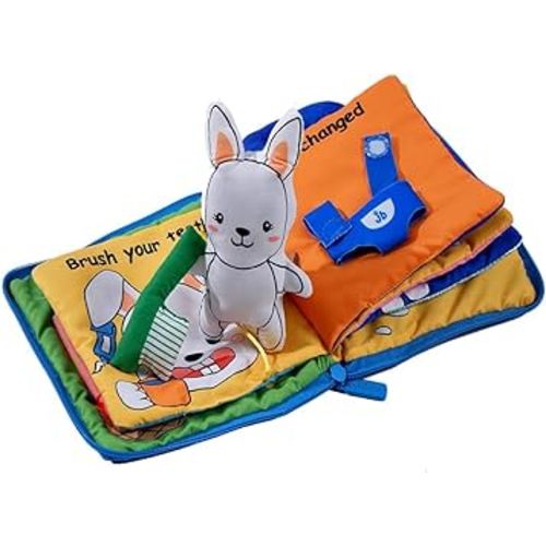 My Busy Book Baby Soft Toy, Montessori Quiet Book for Church, Jollybaby Bunny 3D Stroy Cloth Book Touch and Feel Fabric Sensory Toy for Toddlers, Educational Toy with 9 Activities for Travel