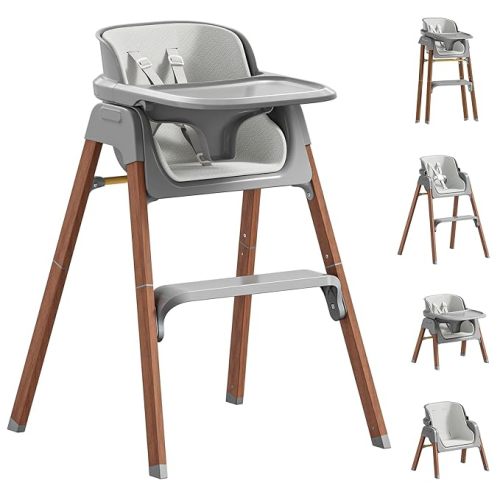 Fodoss Baby High Chair, 4-in-1 Convertible Gray for Babies & Toddlers | Grows with kids across stages, Thick Wood-print Metal Frame ensures stability, 5-point harness & dishwasher-safe tray