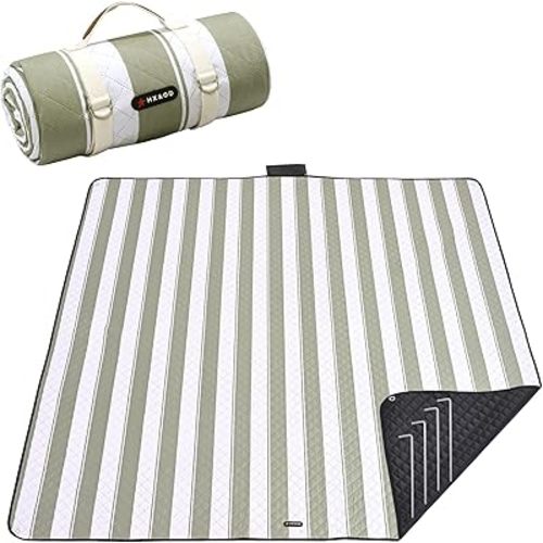 HX&OD Outdoor Picnic Blanket Extra Large, 80''*60'' Waterproof Picnic Mat with Stakes Foldable Camping Blanket Portable with Carry Strap for Beach Mat (Green& White, 80''*60'')