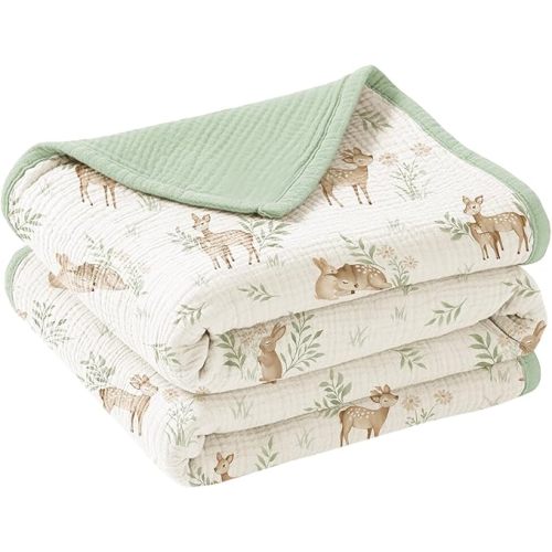 Konssy Muslin Baby Blankets for Girls Boys, 100% Cotton Crib Blanket for Infant Toddler, Super Soft and Lightweight Nursery Swaddling Wrap 47"x47" (Woodland)