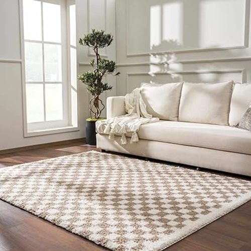 Hauteloom Kieu Contemporary Checkered Fluffy Shag Area Rug - Modern Geometric Soft Carpet Tiles for Living Room, Kids Room, Nursery - Gray, Taupe, White - 6'7" x 9'