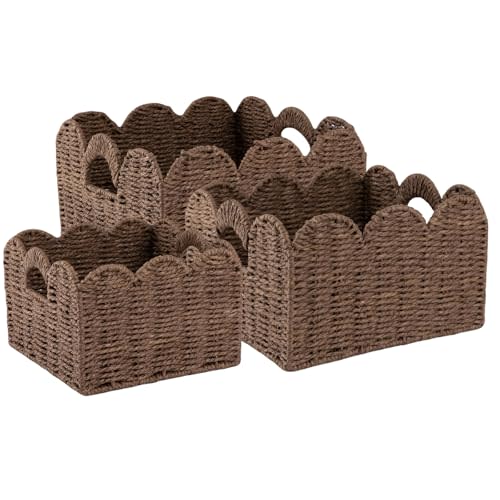 OIAHOMY Scalloped Wicker Baskets, Hand-woven Storage Baskets with Built-in Handles, Paper Rope Shelf Baskets for Organizing and Decoration, Set of 3-Brown
