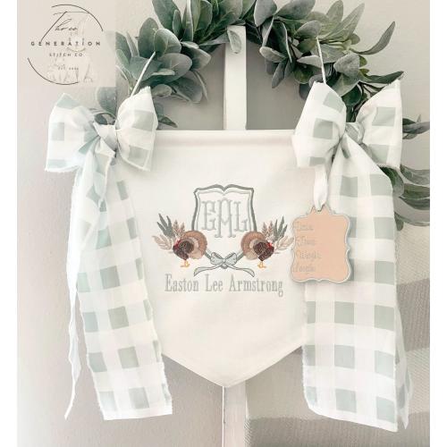 Custom Embroidered Baby Banner, Birth Announcement, Hospital Door Sign with bows, Baby Gift, Bassinet banner with crest, Turkeys