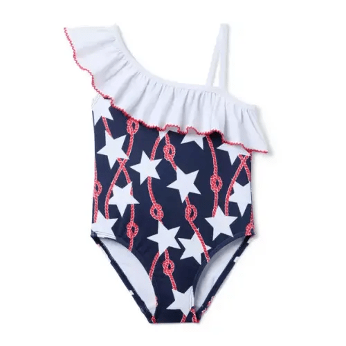 Girl Maritime Navy Star Star Ruffle Shoulder Swimsuit by Janie and Jack