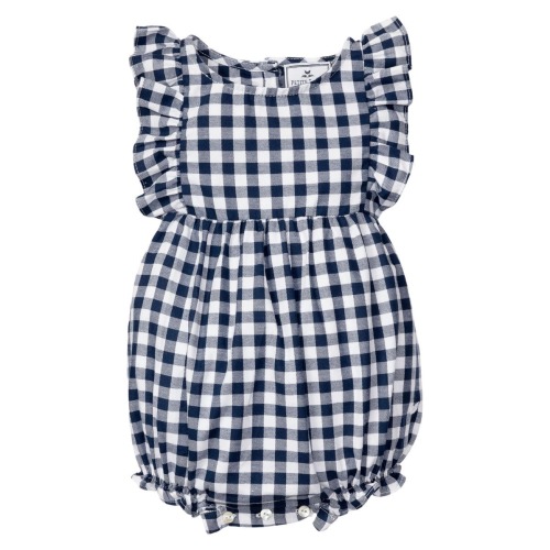 Kids' Ruffle Navy Gingham One-Piece Pajamas, 3-6M