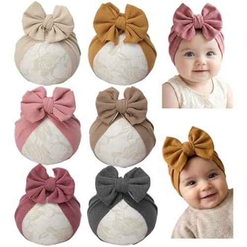 Baby Girls Hair Bow Turban Hat 6PCS Set, Top Bowknot Head Wrap Beanie India Caps for Infant Toddlers
