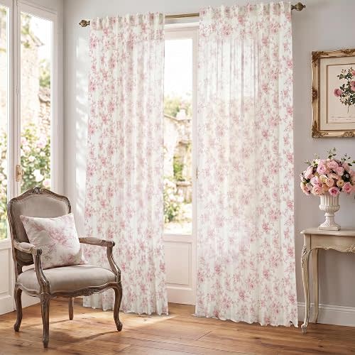 Pink Curtains for Nursery Girls Bedroom,French Country Sheer Blush Floral Victorian Toile Whimsical Pastel Dusty Rose Cottagecore Elegant Linen Curtains for Living Room Baby Kid 96 In Long 2 Panel Set