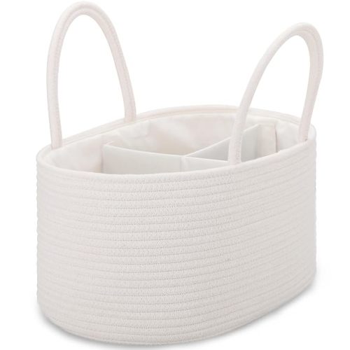 COMSE Large Cotton Rope Baby Diaper Caddy Organizer with Handles, White