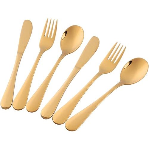 Flatware Silverware sets, 6pcs 18/8 Stainless Steel Student Cutlery Serving for 2, BPA-free Self-feeding Safe Kitchen Utensils, Mirror Polished (Gold)
