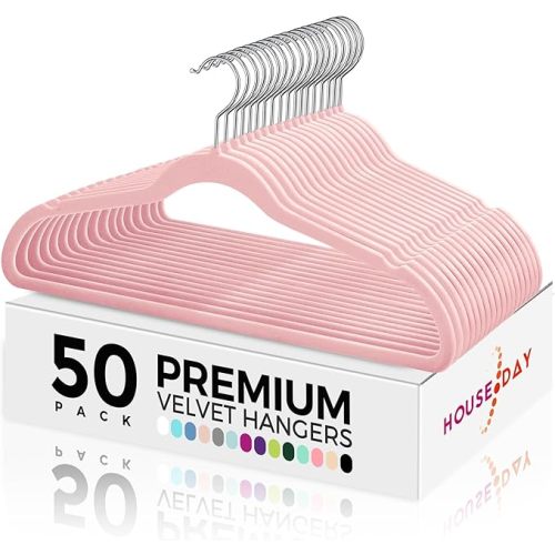 HOUSE DAY Premium Velvet Hangers 50 Pack Pink, Non-Slip Flocked Felt Hangers, Sturdy Clothes Hanger Heavy Duty Coat Hanger, Durable Slim for Closet Space Saving