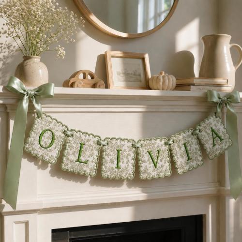 Custom Embroidered Baby Name Banner, Personalized Nursery Wall Decor, Gingham Stripe Floral Baby Shower Gift, High Chair Bunting