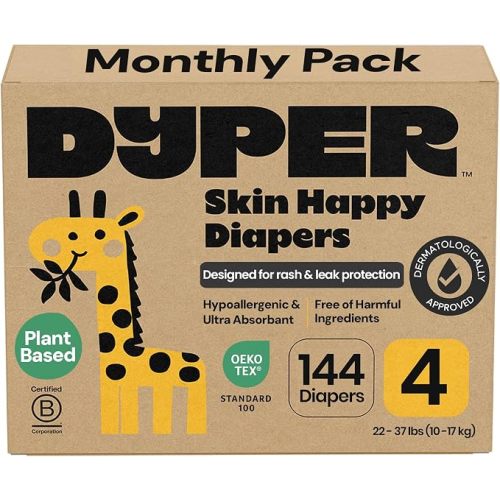 DYPER Monthly Pack Baby Diapers Size 4 (22-37) lbs 144 Count Plant Based Soft