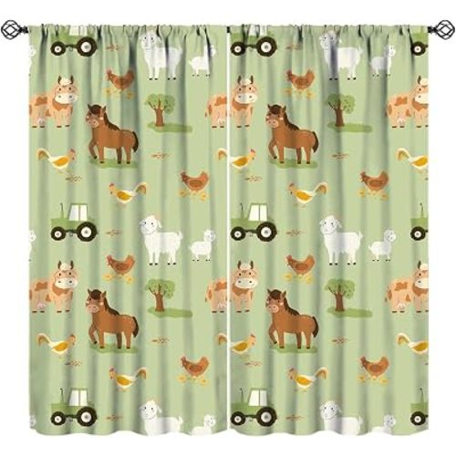 Cartoon Farm Animals Curtains,Cute Cow Chicken Horse Tractors Funny Farm Animals Room Darkening Door Window Rod Pocket Curtain for Boys Girls Bedroom Toddler1 42" W X 63" L (Blackout)