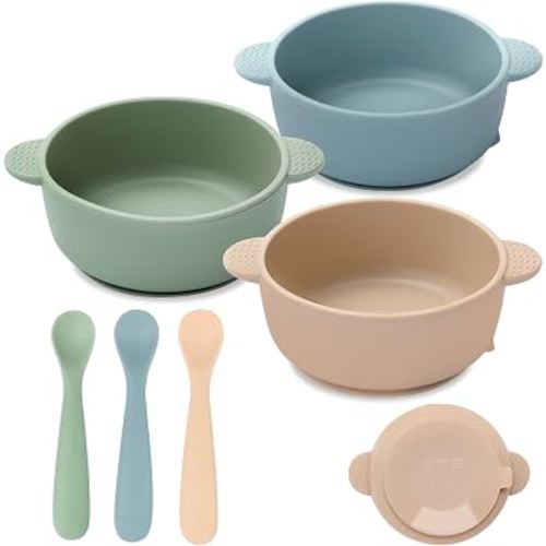 Eascrozn Baby Bowls with Suction and Baby Spoons Set of 3, BPA Free | Silicone Stay Put Bowls and Feeding Spoons for Babies Toddlers Kids, Microwave and Dishwasher Safe
