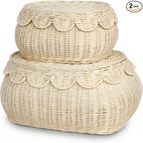 BEBE BASK The Original Scalloped Basket with Lid - Set of 2 (15x11x6 In)