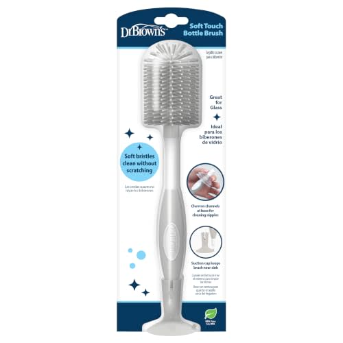 Dr. Brown's Soft Touch Baby Bottle Cleaning Brush, Gray, 1-Pack | Bottle Brush with Nipple Cleaner + Suction Cup Base for Easy Storage, BPA-Free