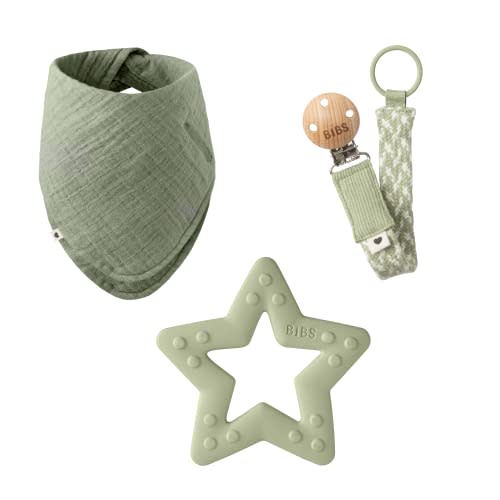 BIBS My First 6 Months Gift Set | Includes Cloth Bib, Pacifier Clip and Bitie Teether | Sage