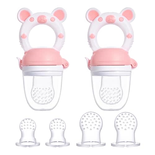 JOCHEBED Baby Fruit Food Feeder Pacifier, Silicone Teething Relief Toy, 2-Pack with 6 BPA-Free Pouches, Light Pink, 3-24 Months