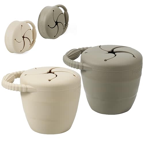 PandaEar Silicone Snack Containers, Collapsible Toddler Snack Cups Spill Proof Food Catcher for Toddler Baby, Pack of 2 (Light Tan/Walnut)