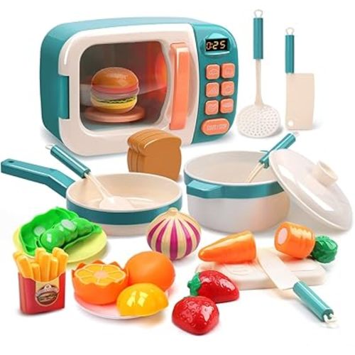 CUTE STONE Microwave Toys Kitchen Play Set, Kids Pretend Play Electronic Oven with Play Food, Kids Cookware Pot and Pan Toy Set, Cooking Utensils,Great Learning Kitchen Toys for Girls Boys