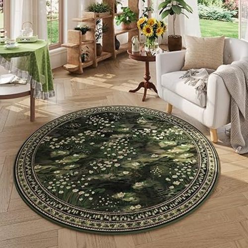 Rugcomf Circle Rug Impressionist-Style Vintage 8ft Round Rug Non Slip Low Pile Small Circular for Bedroom Bathroom Entryway Kids Room Office College Dorm, Green