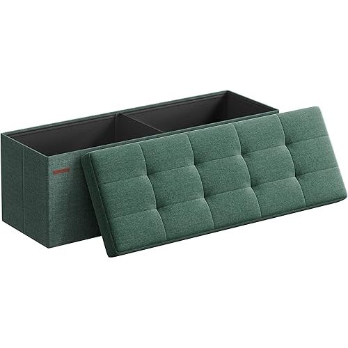 SONGMICS MAZIE Collection - 43 Inches Folding Storage Ottoman Bench, Ottoman Foot Rest, End of Bed Bench, Storage Chest, Load 660 lb, for Living Room, Bedroom, Entryway, Retro Green ULSF077C01