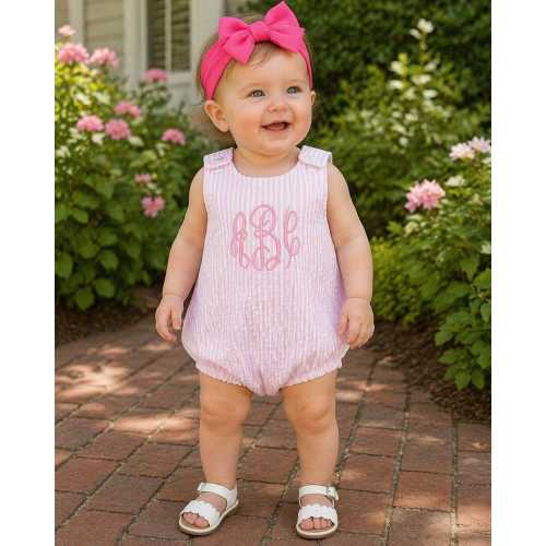 Pink Seersucker Baby Girl Bubble Romper Monogram Outfit Personalized Baby Girl Outfit Southern Baby Clothes Summer Outfit