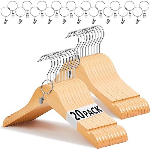 20 Pcs Wooden Baby Clothes Hangers with 20 Pcs Metal Ring Clips 12.6" Wooden Shirt Coat Hangers with Notches and Anti Rust 360 Swivel Chrome Hook for Kids Children Toddler Clothes