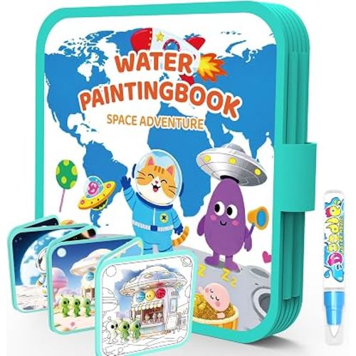 K'ONLE Reusable 10 Pages Water Painting Books for Toddlers 1-3, No Mess Coloring Book Montessori Water Coloring Books for Kids Ages 1-3 Educational Art Activity, Travel Gift for Boys & Girls-Space