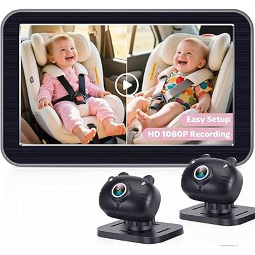 2-Kids Baby Car Camera Recording: HD 1080P Dual Backseat Cameras with 7” Split-Screen Display - Night Vision, 360° Rotation, Easy Installion for Twins & Siblings