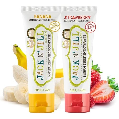 Jack N' Jill Natural Toddler Toothpaste - Fluoride Free Training Toothpaste for Toddlers 1-3, 40% Xylitol, BPA Free - Strawberry & Banana 1.76 oz (Pack of 2)