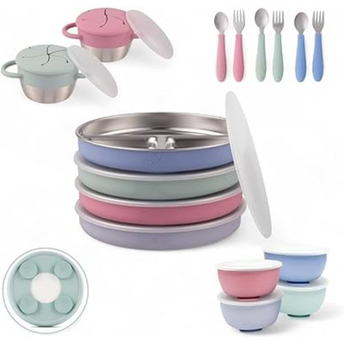 Elk and Friends Kids Stainless Steel Mealtime Bundle | Plates, Bowls, Snack Cups + Toddler Utensils | Silicone Suction Sleeves + Travel Storage Lids | Meals + Snacks | Dishwasher Safe