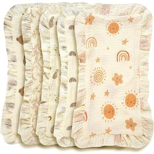 5pcs Baby Burp Cloths - Ultra-Soft & Absorbent Shoulder-Fit Polka Dot & Animal Print Drool Bibs, 100% Cotton, Assorted Colors for Infants & Toddlers, Baby Feeding Accessories (Sun Series)