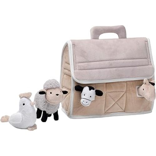 Lambs & Ivy Baby Farm Plush Barn with 4 Stuffed Animals Toy - Taupe/Gray/White