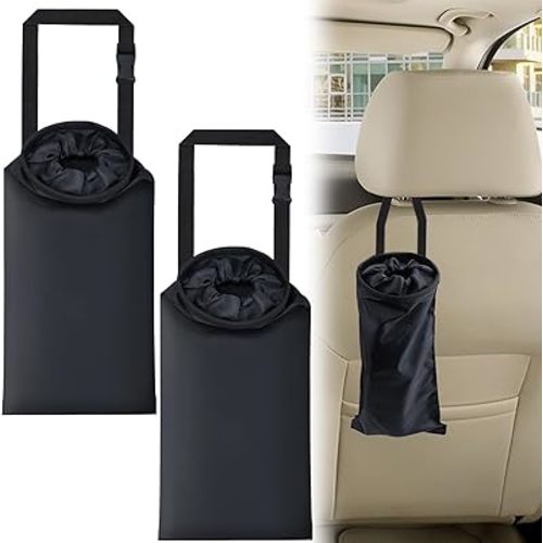 ecocstm 2 PCS Car Trash Bags, Car Accessories Washable Garbage Bag Hanging, Detachable Trash Can with Top Elastic Vent & Sticky Strap Bottom Opening, Seat Back Tash Bag for Cars,Travelling,Outdoor