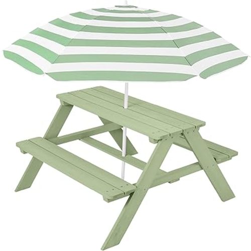Best Choice Products Wooden Kids Picnic Table with Umbrella, Outdoor Activity Table Set with Built-in Benches, 220 lb Capacity per Bench - Sage