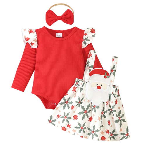 Odeerbi Baby Girls Layette Set Christmas Long Sleeve Romper Jumpsuit Outfits Baby Clothes Christmas Printed Dress Set Round Neck Top Set Red