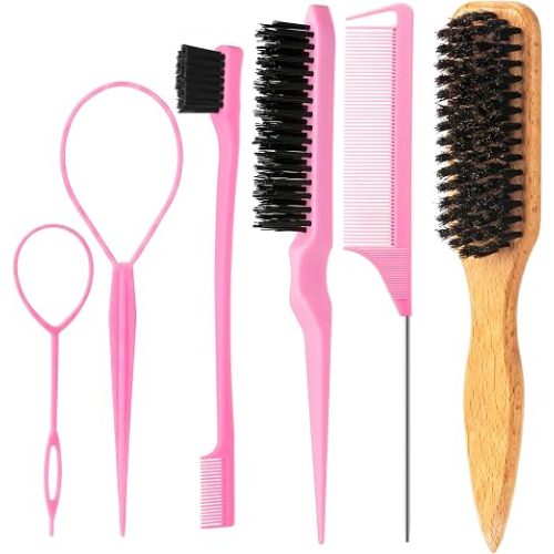 6PCS Hair Styling Tools Kit, Boar Bristle Wooden Brush, Rat Tail Metal Pin Parting Comb Edge Control Brush,Bristle Teasing Hair Brush Topsy Tail Loop Tools for Women Braiding & Edge Styling