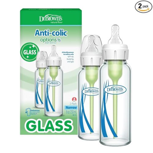 Dr. Brown's Anti-Colic Options+ Narrow Glass Baby Bottle, 8 oz, 2-Pack