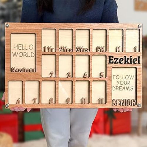 V-DECOR Personalized Newborn to Graduation Collage Frame, School Photo Frame Pre-K to 12 - Wooden Frame for 18 Photos