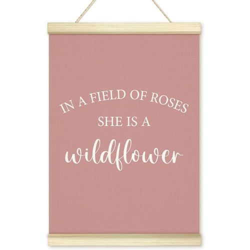 LWBEO In A Field Of Roses She Is A Wildflower Poster Hanger Frame, Girl Nursery Wildflower Wooden Canvas Art Print, Pink Positive Wall Art for Toddler Baby Girls Room Bedroom Playroom 12x16in -03