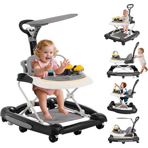 ManyFun 5-in-1 Baby Walker, Musical Activity Push Walker with Detachable Awning Footrest, Adjustable Height, Black